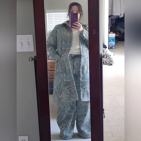 Hand Crafted Sewn Womens Paisley Floral Duster Matching Pants Slacks and Hat